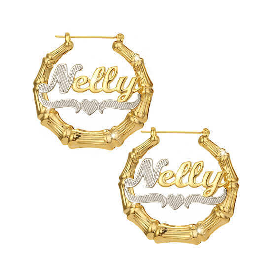 Custom large round bamboo earrings with nameplate wholesale suppliers personalized two tone diamond cut name bamboo earrings gold no minimum makers and manufacturers